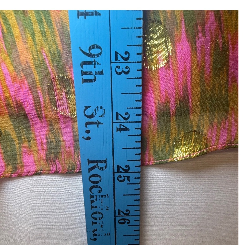 Milly of New York Silk Tie Neck Ruffle Blouse Pink Green Gold Metallic Luxe  2 - Picture 7 of 10